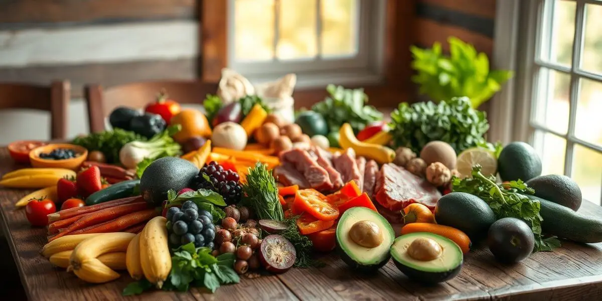 A colorful assortment of fresh fruits, vegetables, lean proteins, and whole grains arranged on a plate, representing a balanced and nutritious diet.