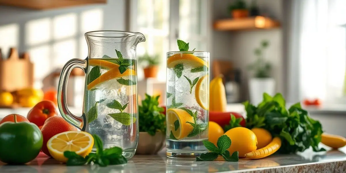 A refreshing glass of water with condensation, surrounded by fresh fruits, symbolizing the importance of hydration for overall health.