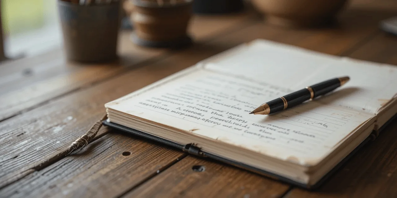 Self Realization Insight: Journal and Pen on a Rustic Table