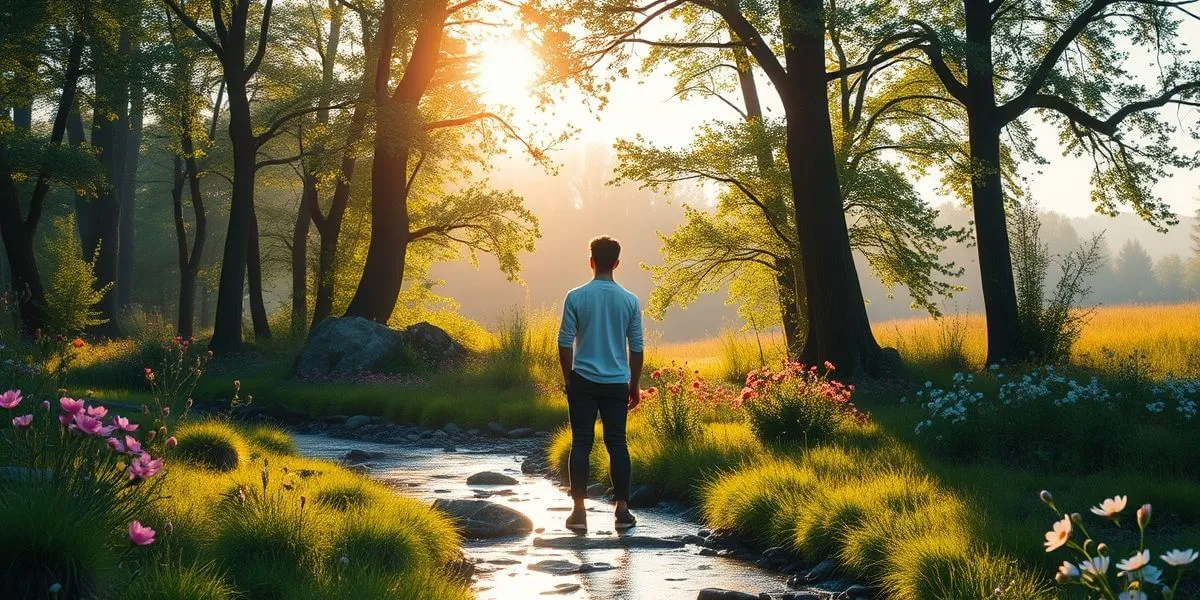 A serene individual meditating in a calm environment, with soft natural lighting, embodying mindfulness and stress relief to live well.