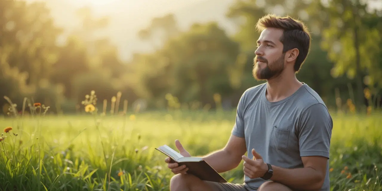 Man journaling with journal prompts for self-discovery in a peaceful outdoor setting