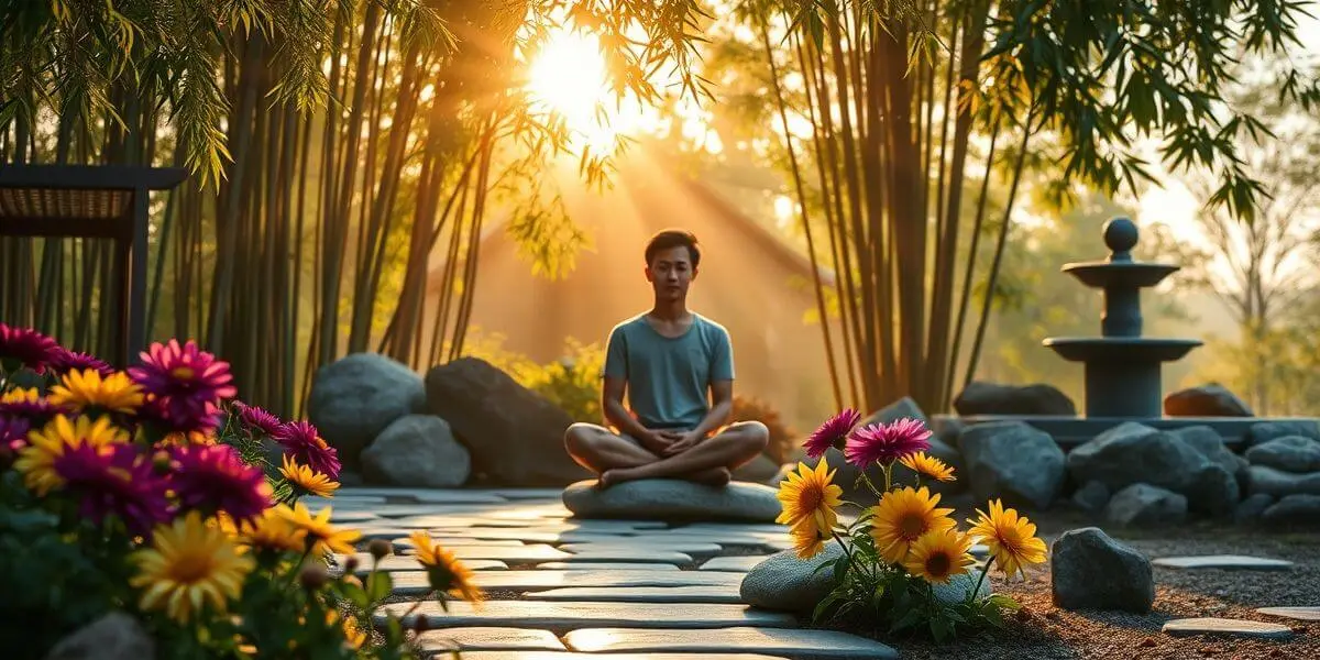 A peaceful scene of a person enjoying nature, practicing yoga, or engaging in self-care, illustrating the balance between physical, mental, and emotional well-being.