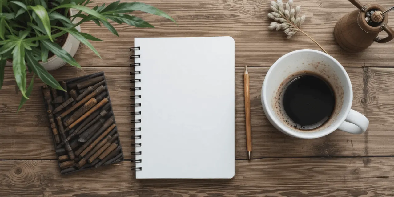 Overhead view of a minimalist desk with journal prompts for self-discovery, coffee cup, and natural decor