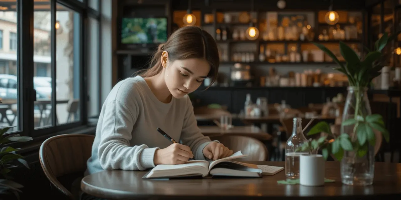 Person writing journal prompts for self-discovery in a serene café