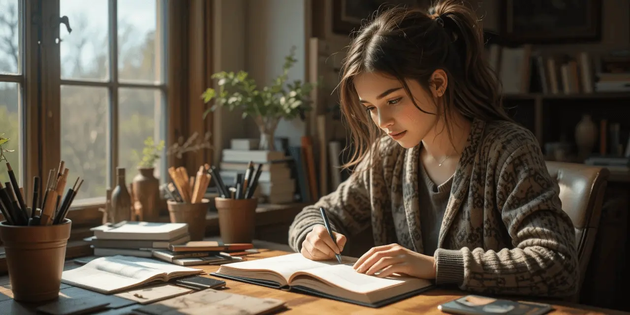 Self-Improver journaling by a sunlit window