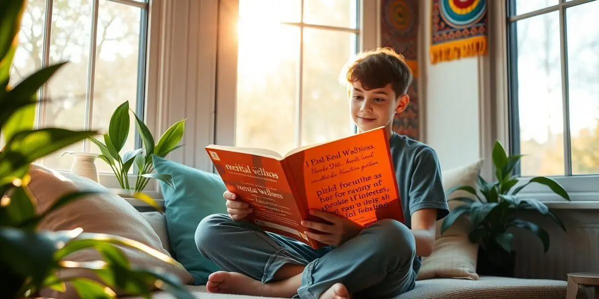 Teen reading a book on positive affirmations for teens and mental wellness