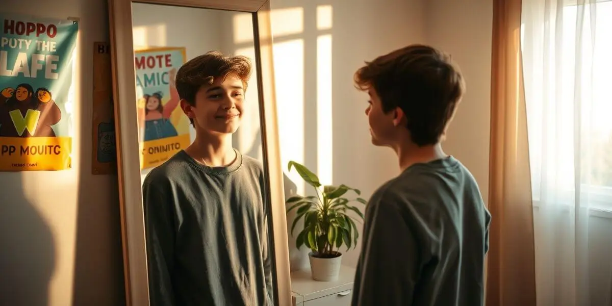 Teen reciting positive affirmations for teens in the mirror